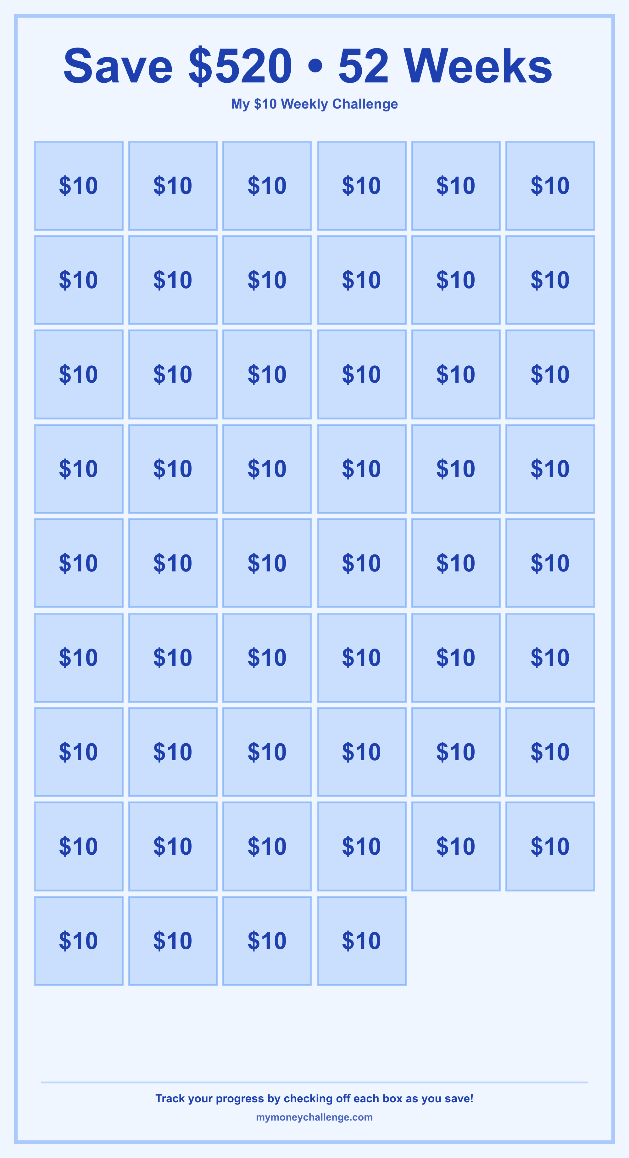 $10 Weekly Challenge savings challenge preview - Save $520