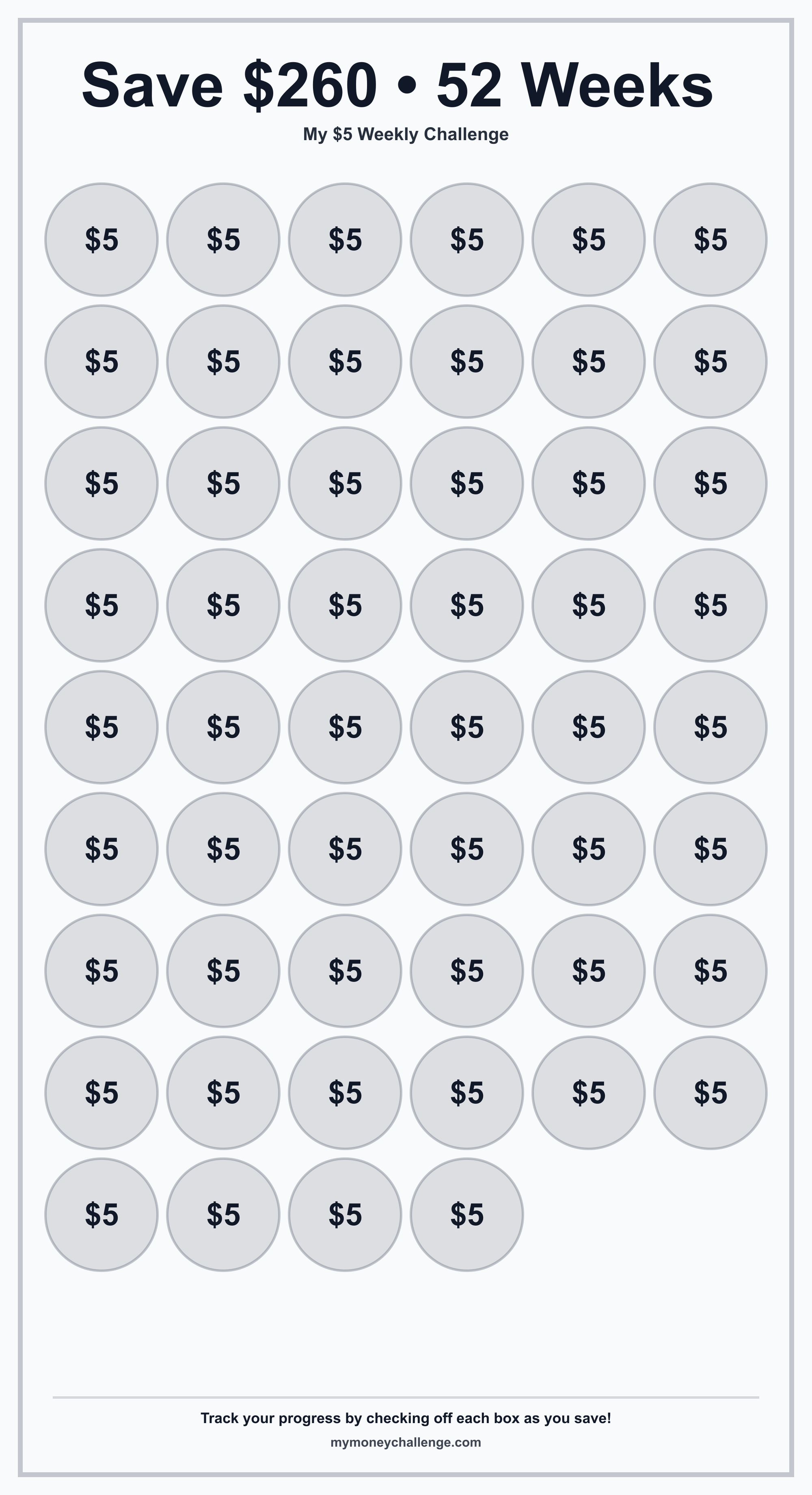 $5 Weekly Challenge savings challenge preview - Save $260