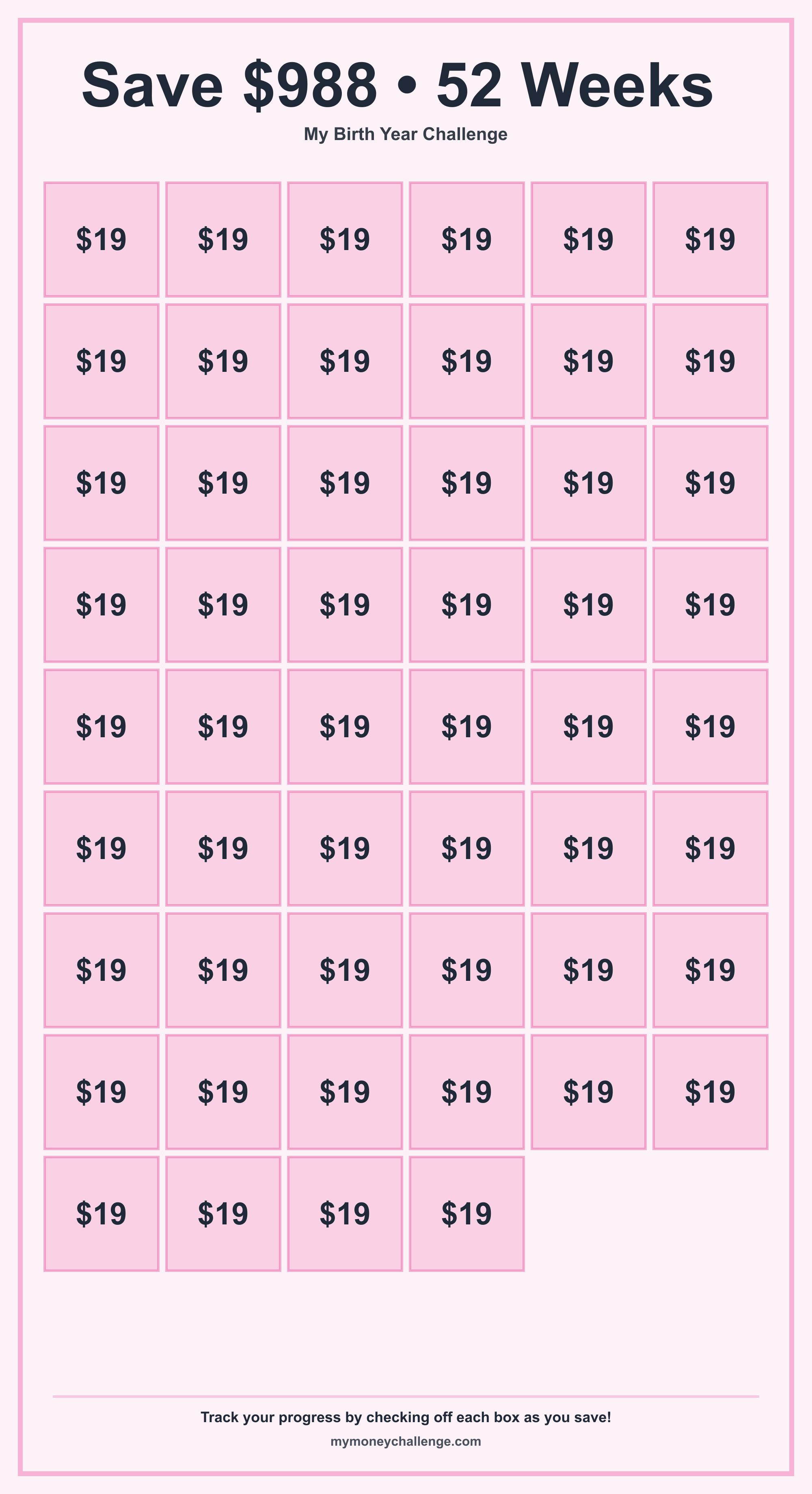 Birth Year Savings Challenge savings challenge preview - Save Variable