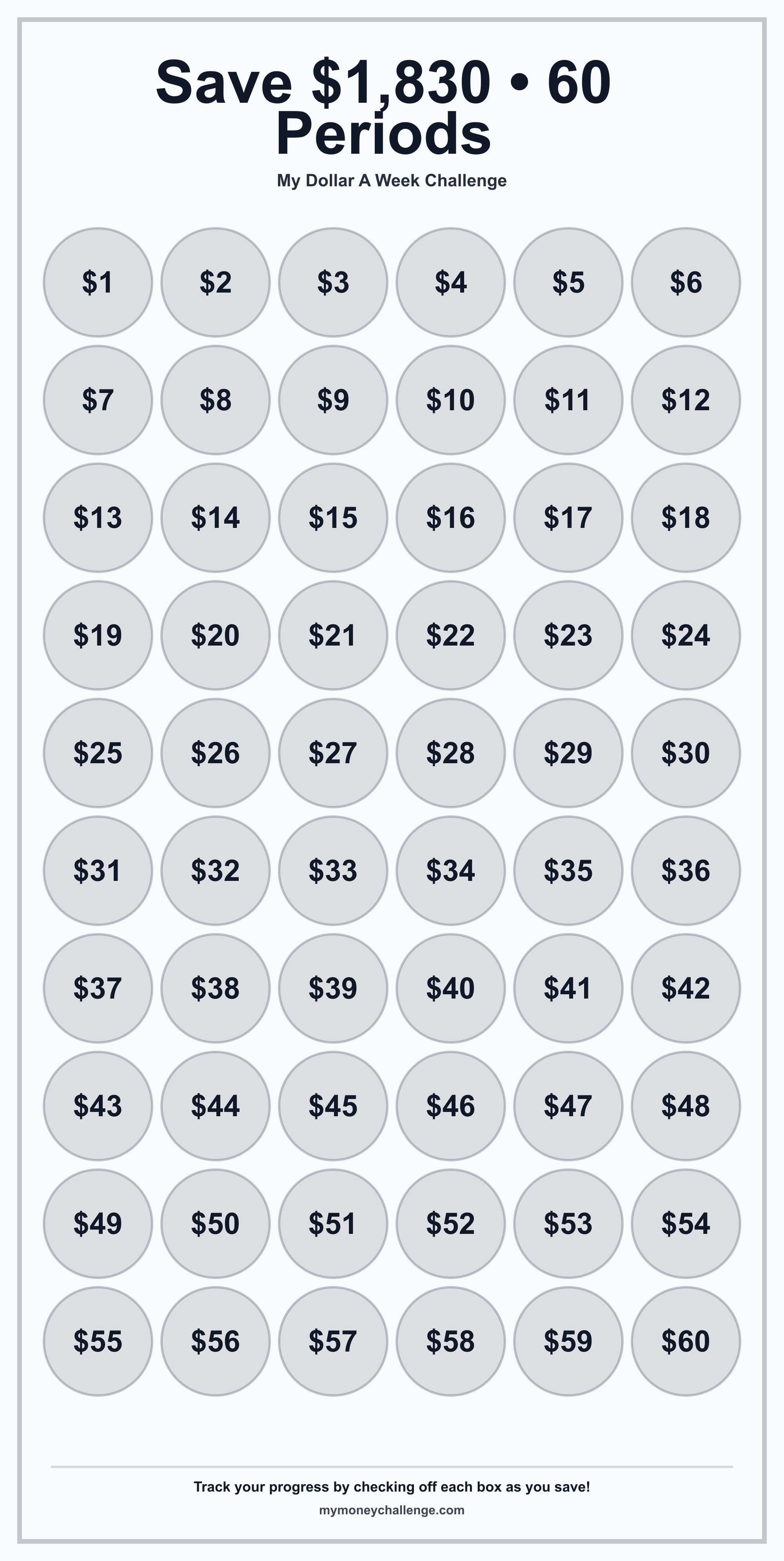 Dollar A Week Challenge savings challenge preview - Save $1,378