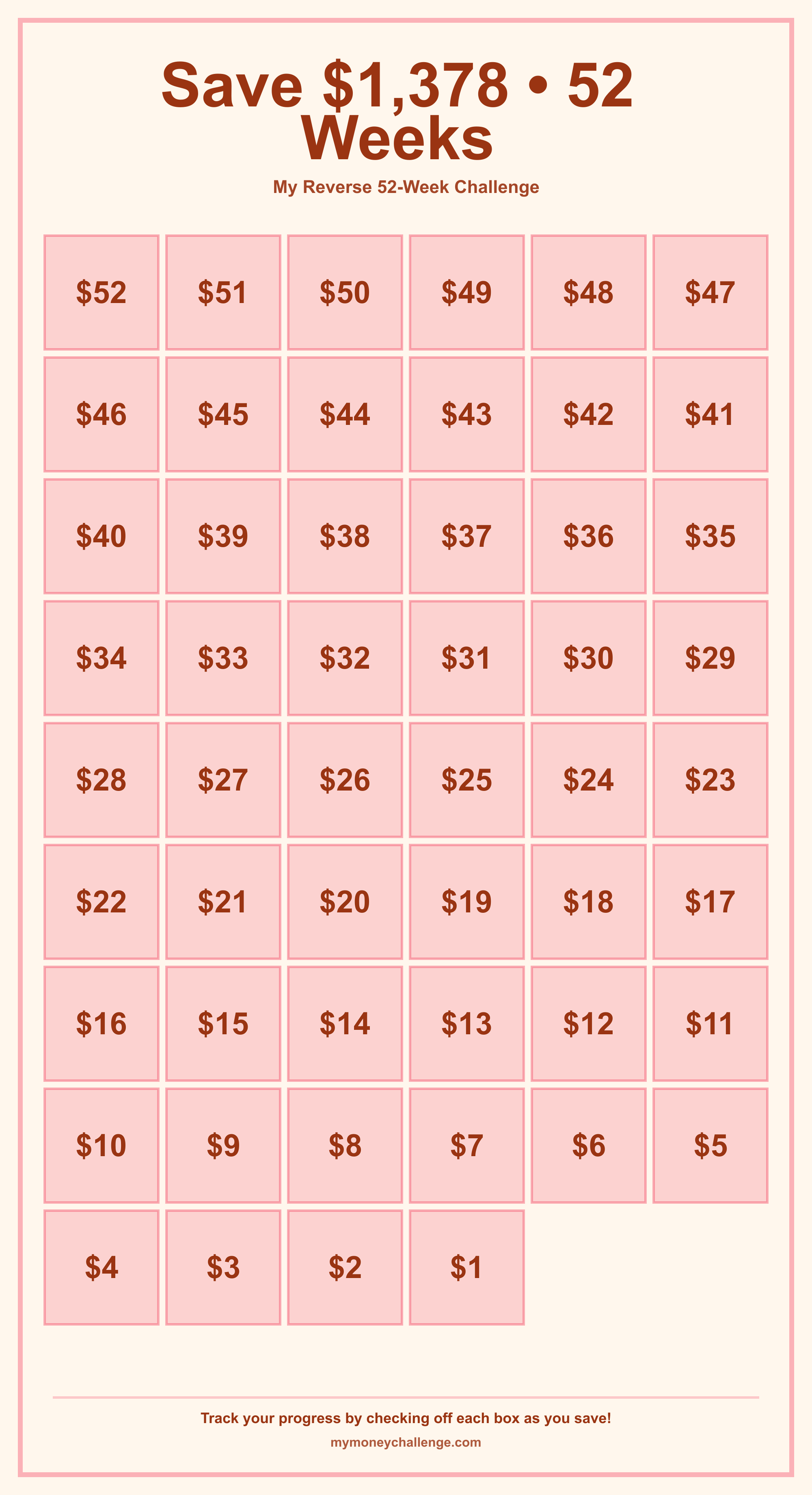 Reverse 52-Week Challenge savings challenge preview - Save $1,378