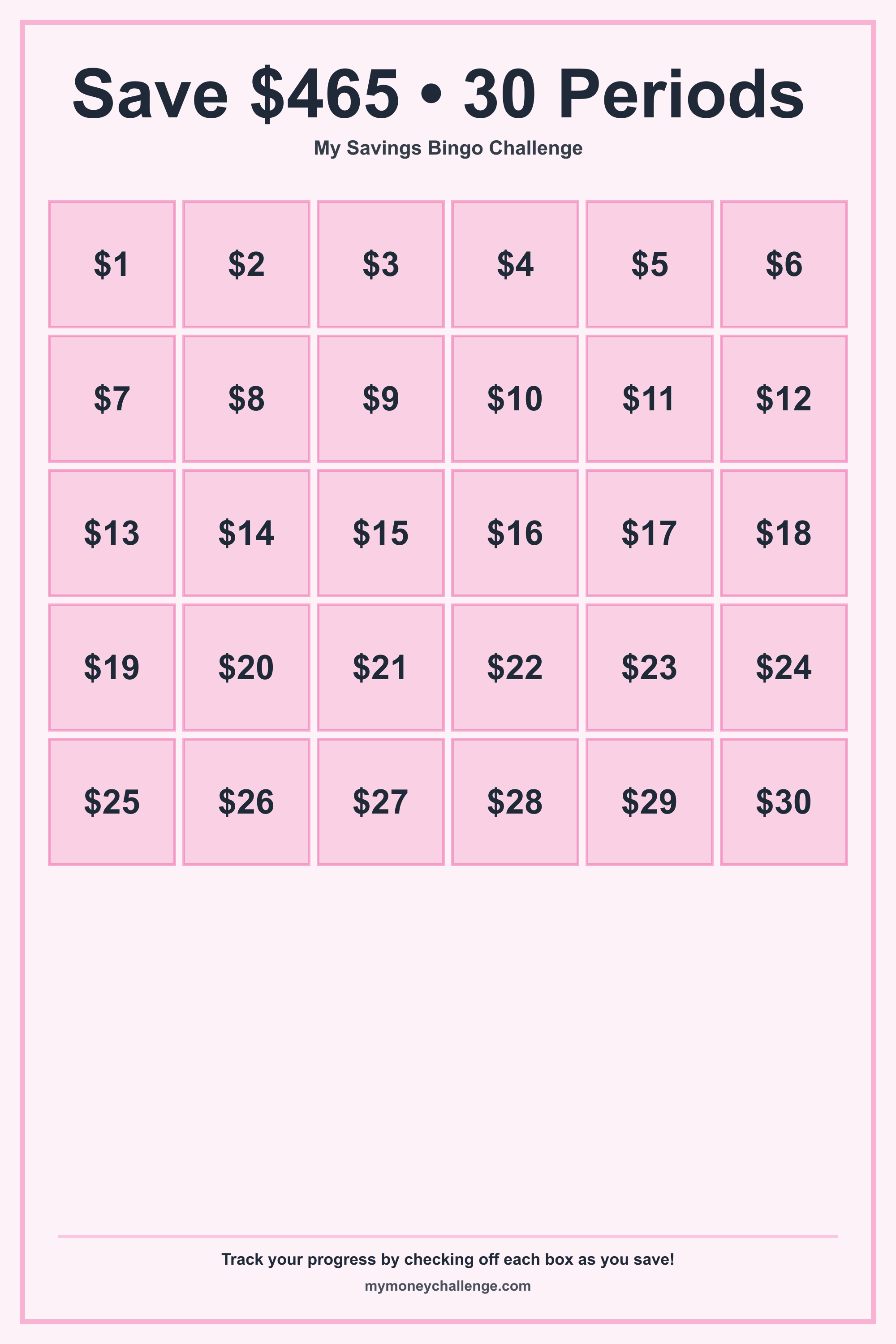 Savings Bingo Challenge savings challenge preview - Save Variable