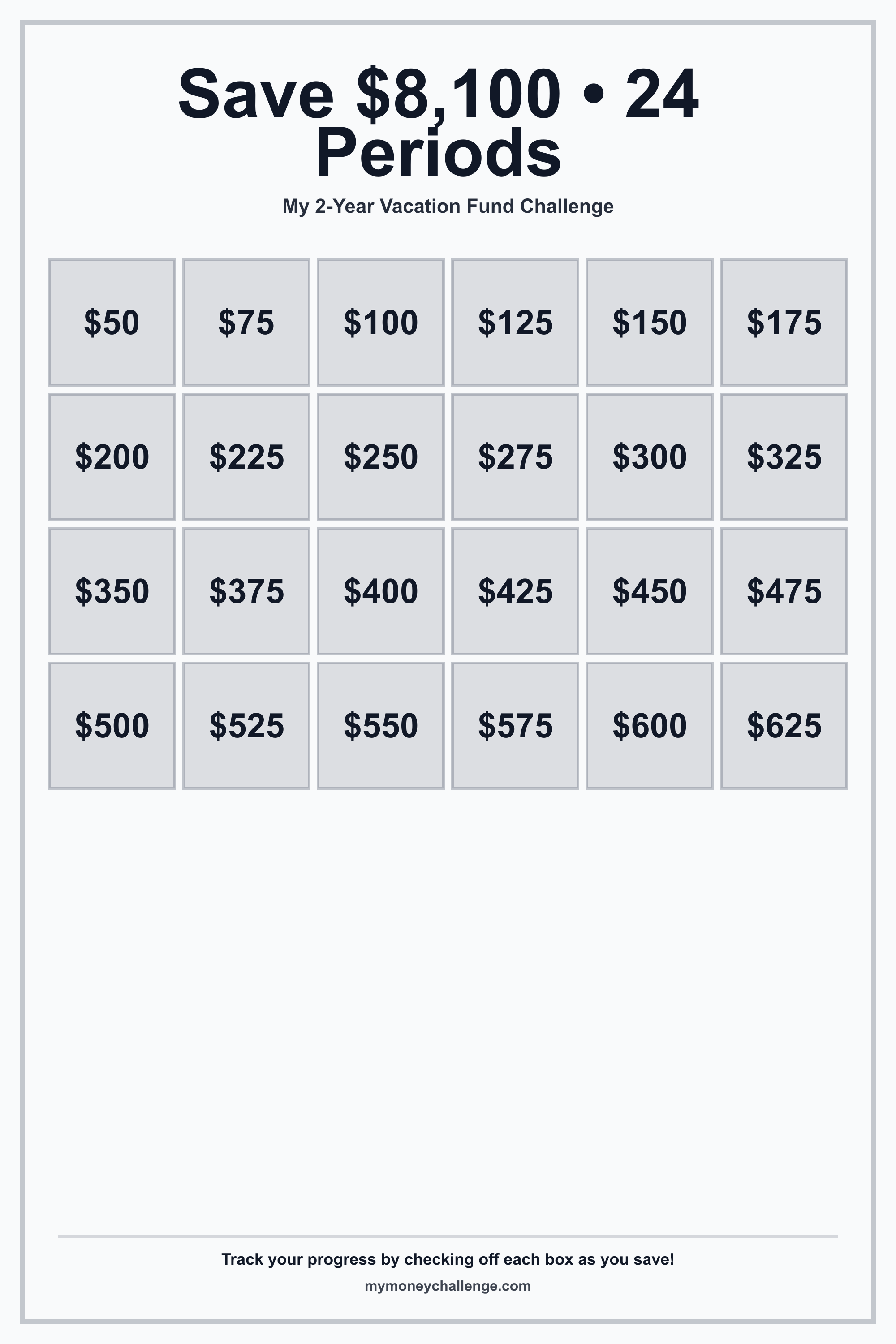 2-Year Vacation Fund Challenge savings challenge preview - Save $8,100